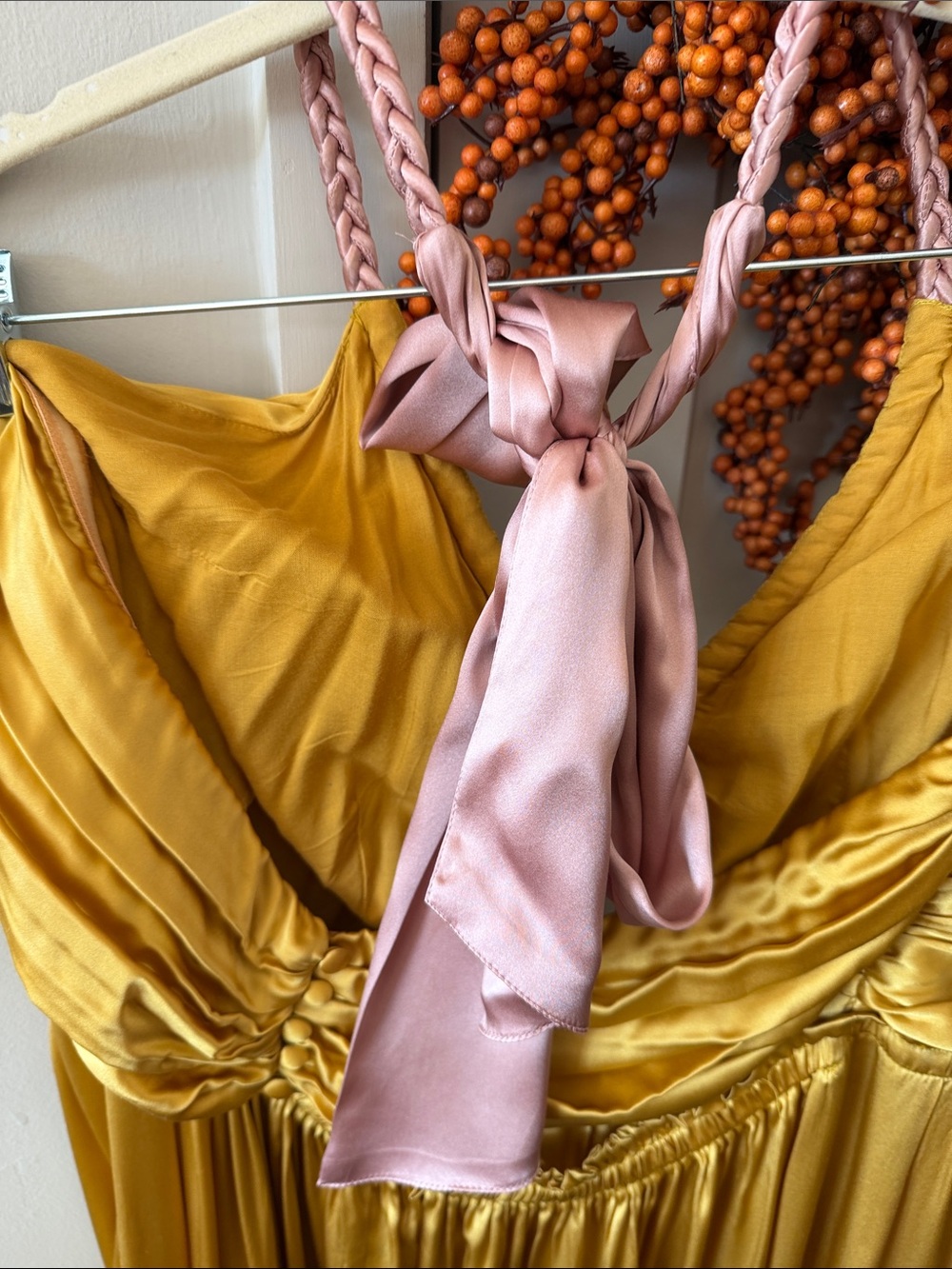 Anthropologie Satin Two-Tone Gold and Olive Maxi Dress with Pink Halter Tie - Picture 3 of 4